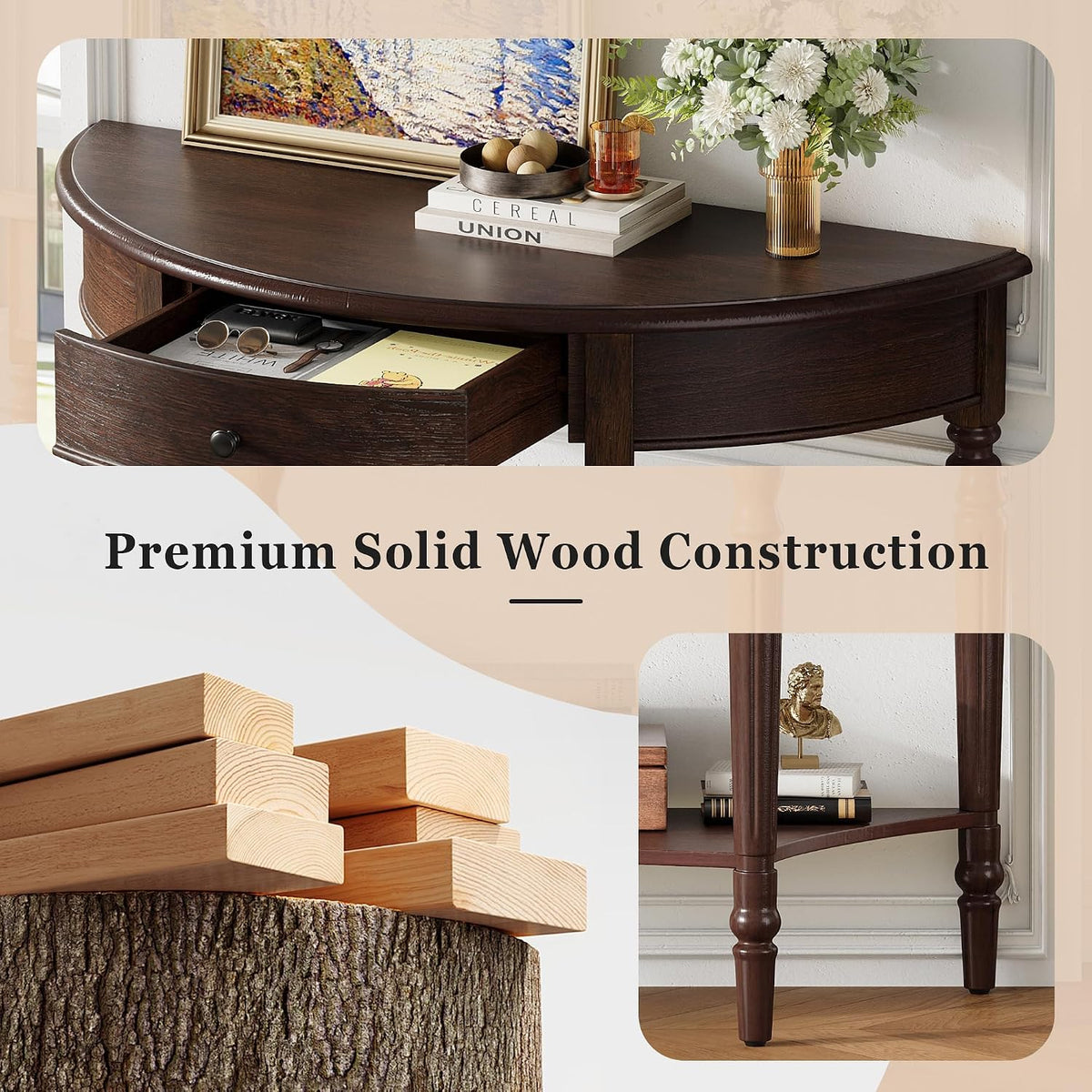 LUMISOL Half Moon Console Table with Drawer, 39'' Farmhouse Entryway Table with Shelf, Rustic Sofa Tables for Living Room Foyer Hallway, Espresso