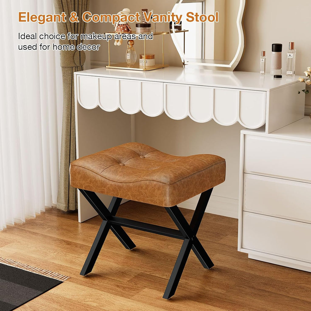 Memobarco 18-Inch Large Leather Vanity Stool, Vanity Chair with Metal X-Leg, Ottoman Accent Stool with Thick Padded Saddle Seat, Brown