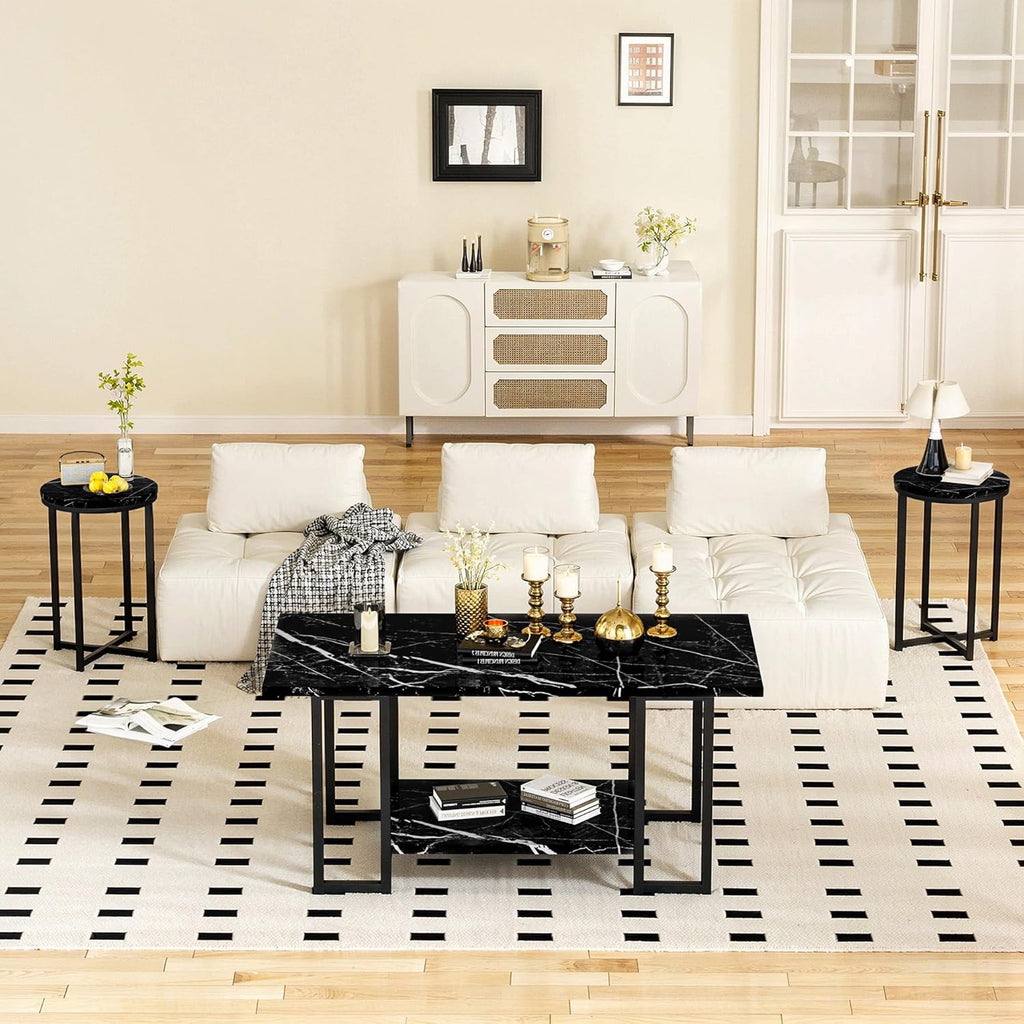 Lamerge 3 Pieces Living Room Table Set, Faux Marble Coffee Table with 2 Round End Side Tables, Coffee Table Set with Metal Frame for Apartment Home Office, Black