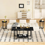 Lamerge 3 Pieces Living Room Table Set, Faux Marble Coffee Table with 2 Round End Side Tables, Coffee Table Set with Metal Frame for Apartment Home Office, Black