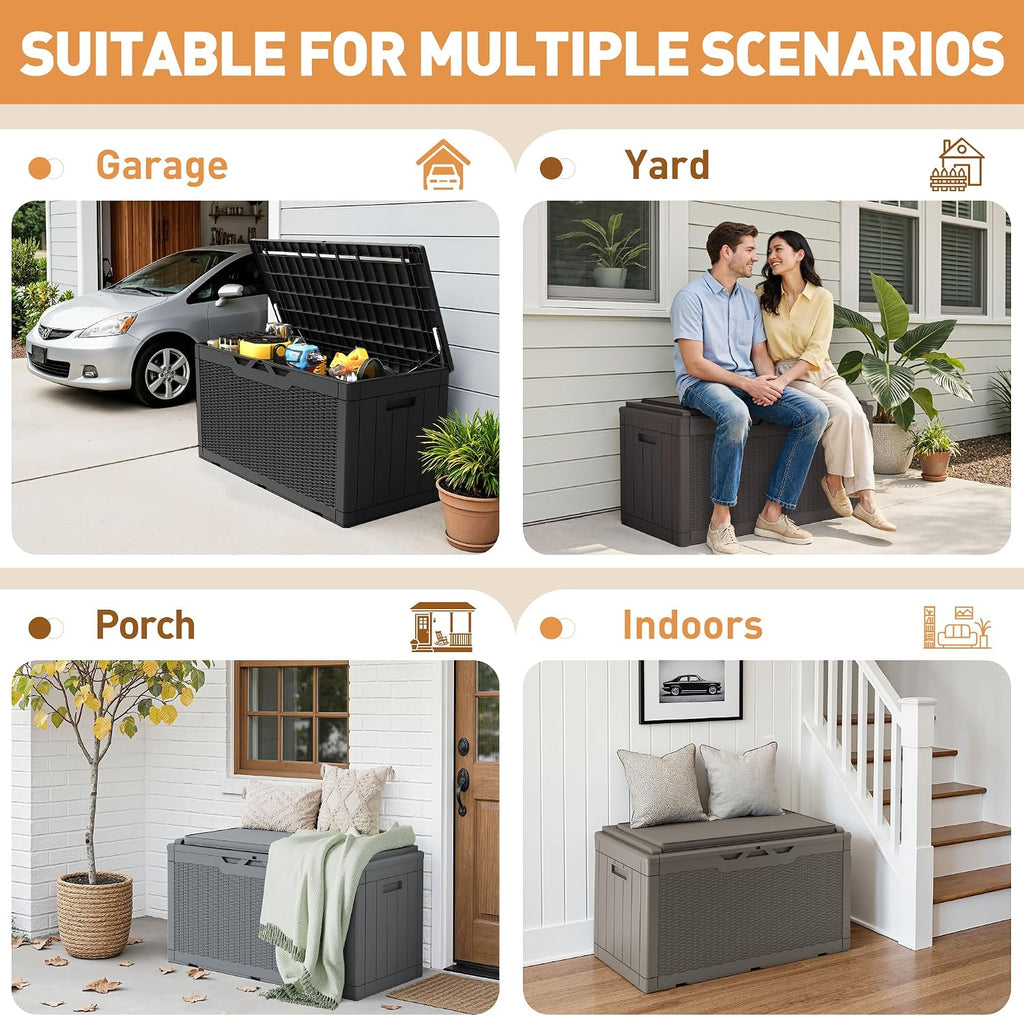 Greesum 100 Gallon Resin Deck Box Large Outdoor Storage Boxes with Cushions for Garden Tools, Patio Furniture Pillows, Pool Supplies, Black