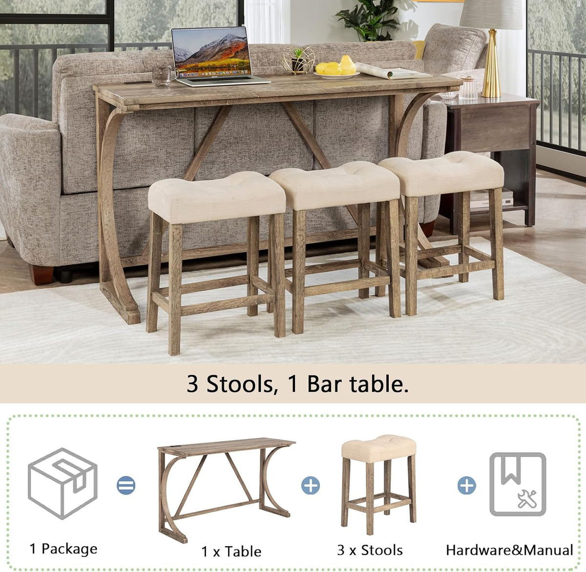 4-Piece Bar Table Set with Power Outlet, Dining Table and Chairs Set with 3 Padded Stools for Living Room/Dining Room/Game Room, Brown