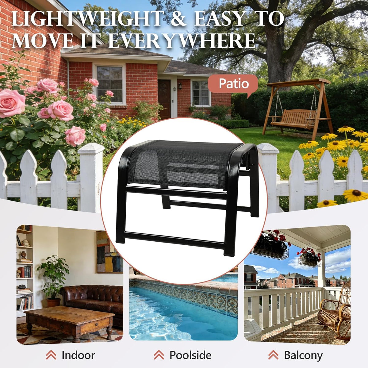 Assembled Patio Outdoor Ottoman 2 Set, Portable Footstools Textliene Metal Foot Rest Black