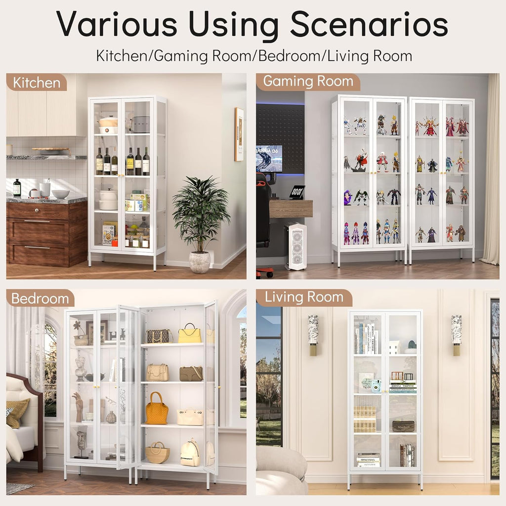 Polup Glass Display Cabinet with Glass Doors, White Curio Cabinet with 3 Side Tempered Glass, 66" Tall Bookcase Display Case for Collectibles, Metal Storage Cabinet for Living Room, Assemble Required