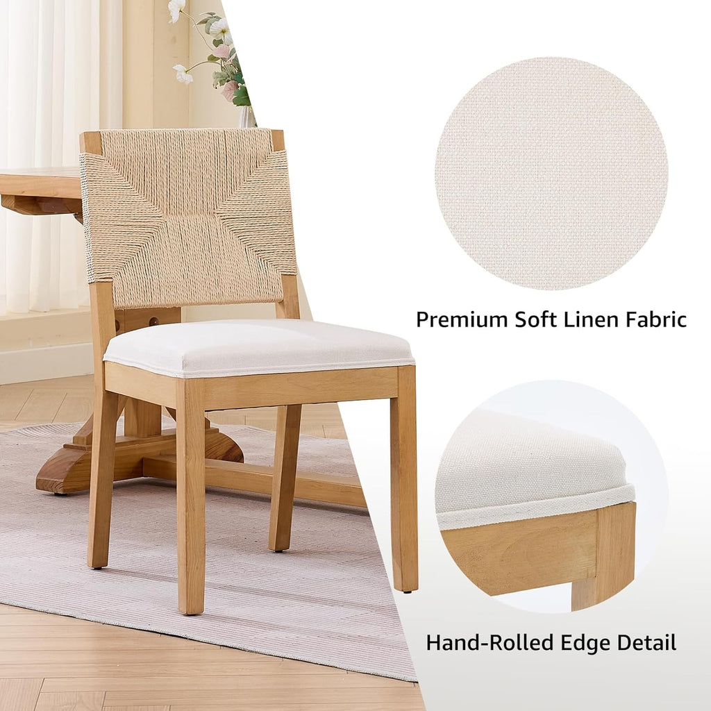Dining Chairs Set of 4, Modern Farmhouse Dining Room Chairs with Rope Woven Square Back, Linen Upholstered Seat & Solid Wood Frame, Sillas de Comedor, Boho Kitchen & Dining Room Chairs (Beige, 4Pcs)