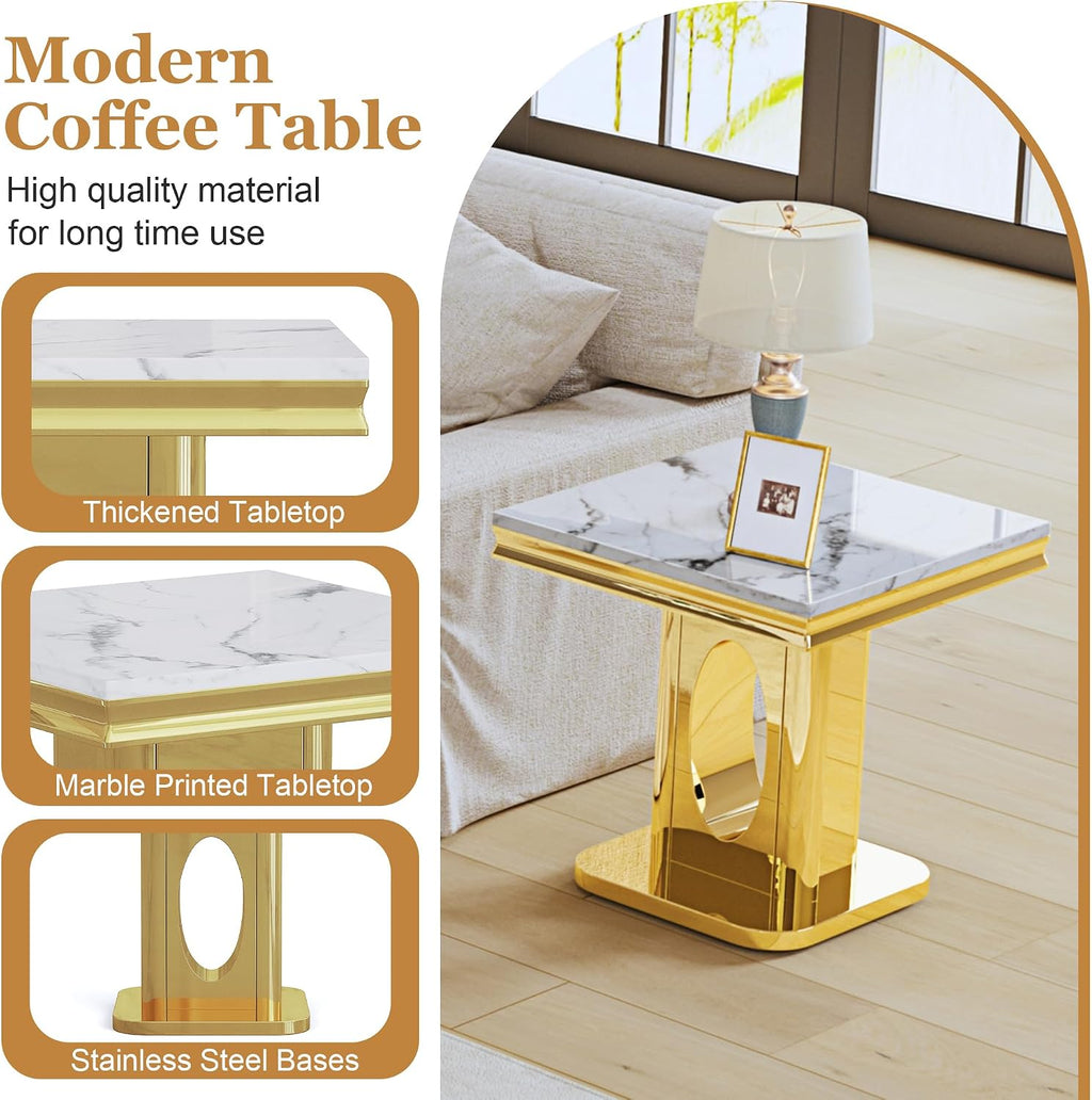 Luxury Square End Table, 23" White Faux Marble Top and Gold Mirror Stainless Steel Base, Modern Side Table for Living Room, Bedroom or Office
