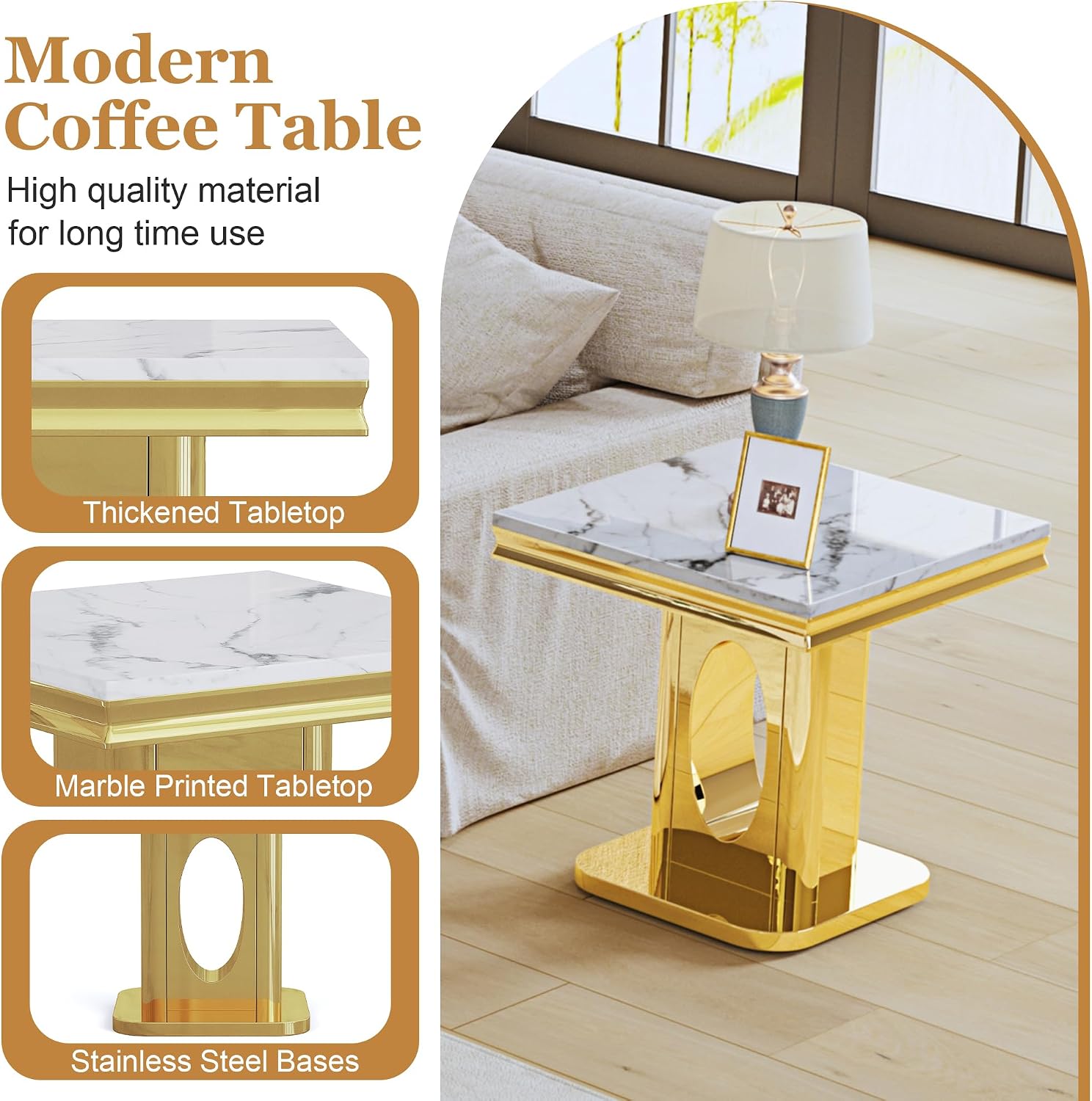 Luxury Square End Table, 23" White Faux Marble Top and Gold Mirror Stainless Steel Base, Modern Side Table for Living Room, Bedroom or Office