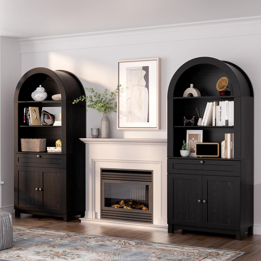 Arched Pantry Cabinet, 71" Kitchen Pantry Cabinet with Smooth Gliding Drawers and Adjustable Shelf, Wood Storage Cabinets Anti-Tipping, Modern Farmhouse for Living Room, Dining Room (Black)