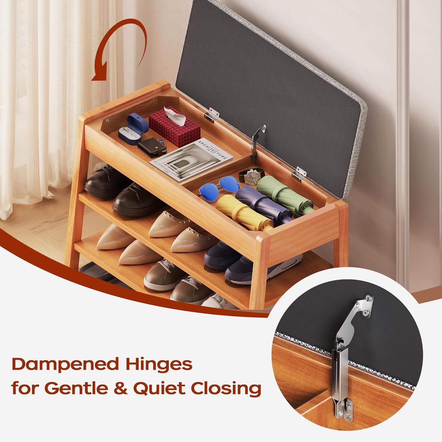 Shoe Rack Bench with Storage, 2-Tier Entryway Bench with Cotton-Linen Cushion, Flip-Open Solid Wood Storage Organizer for Hallway, Living Room, Bedroom, 31.5”