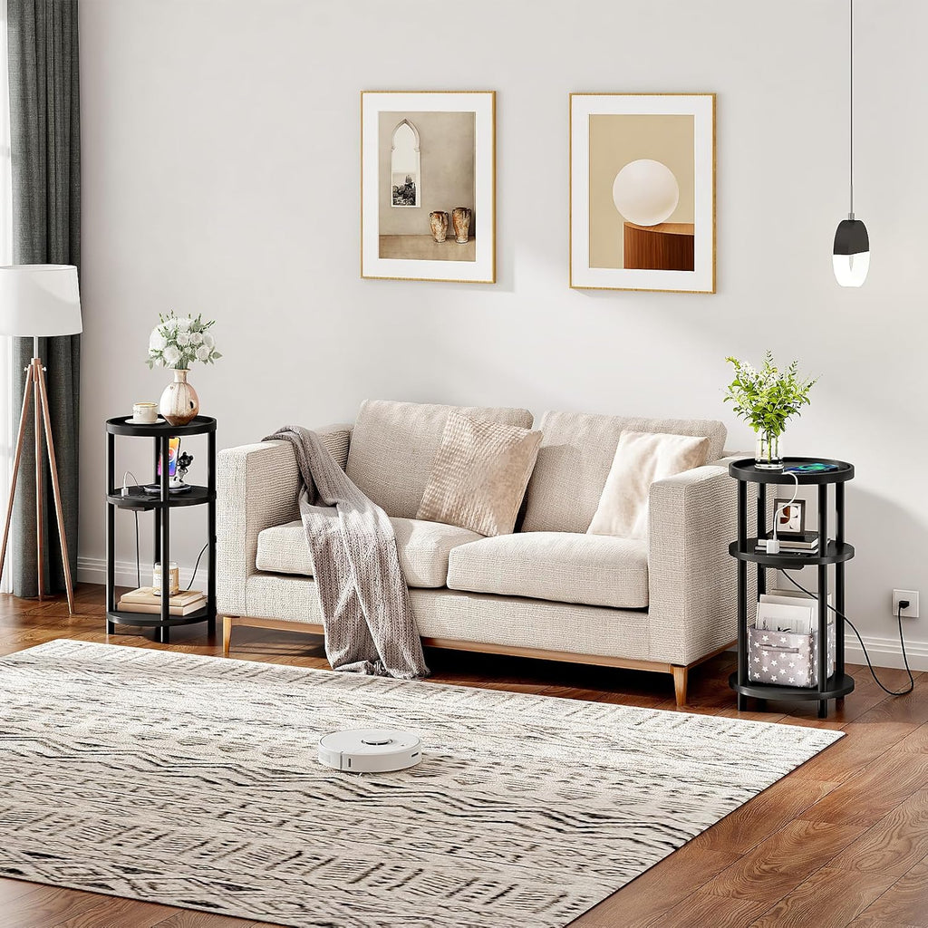 HOOBRO Small Round Side Table with Charging Station, 3-Tier Round Bamboo End Table, Compact Sofa Bedside Table for Small Space, Easy Assembly, for Living Room, Bedroom, Apartment, Black BB152UBZ01