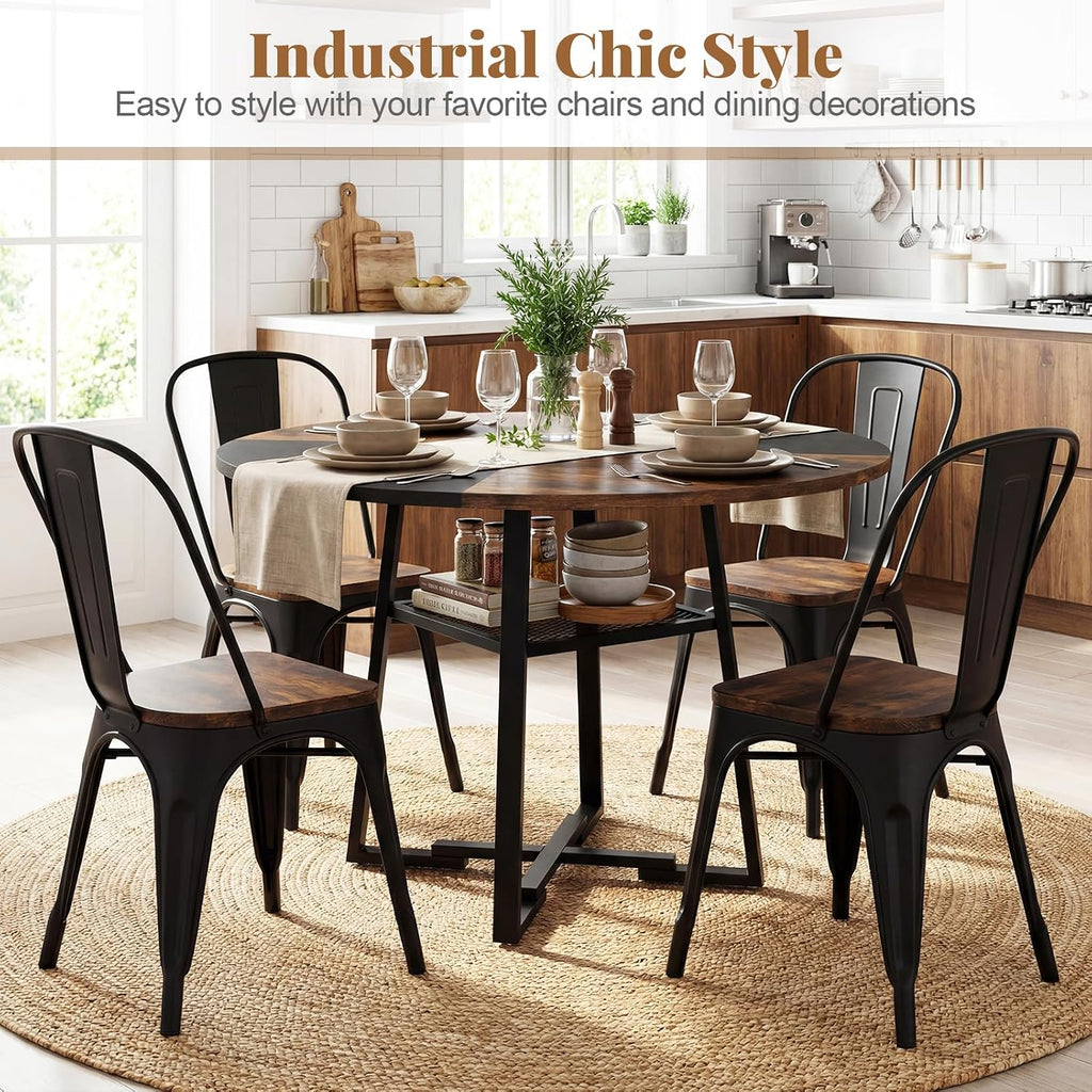 Giantex Round Dining Table for 4-6, 47.5" Circle Kitchen Table with Storage Shelf, Metal Pedestal, Space-Saving Farmhouse Dinner Table for Living Dining Room (Rustic Brown & Black)