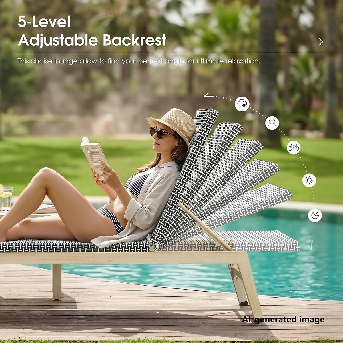 PURPLE LEAF Oversize Outdoor Chaise Lounge Set of 2 Champagne Frame, Black | 3-Year Color Retention PE Rattan, 2.4" Thickened Aluminum Frame, 16.14" Knee-Friendly Height, French-Inspired Style