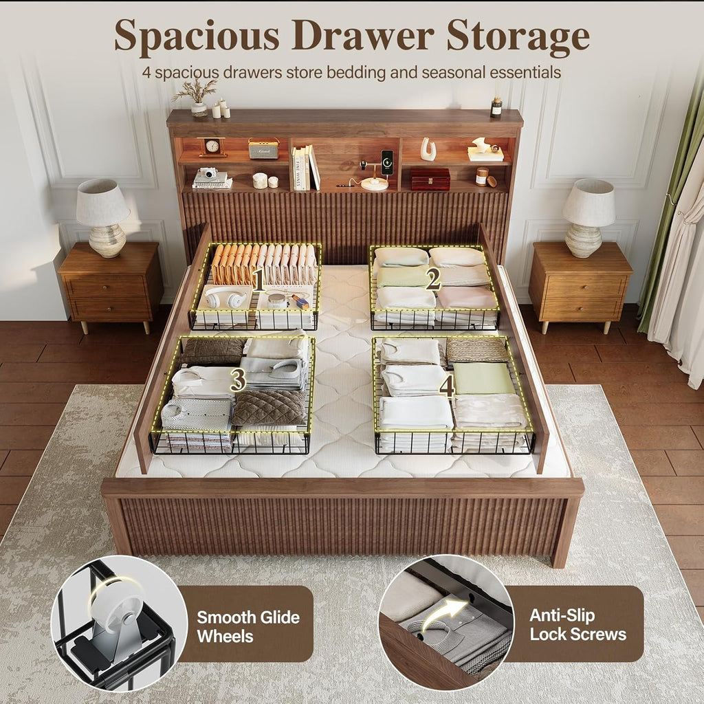 Queen Size Bed Frame with 4 Storage Drawers