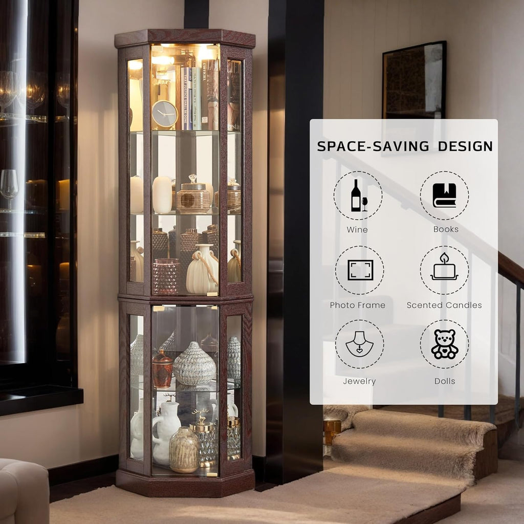 70" Lighted Corner Curio Cabinet, Wood China Display Case with Tempered Glass Doors & Adjustable Shelves, Light Bulb Included, Tall Wine Storage Rack for Bar and Liquor Storage (Dark Cherry)