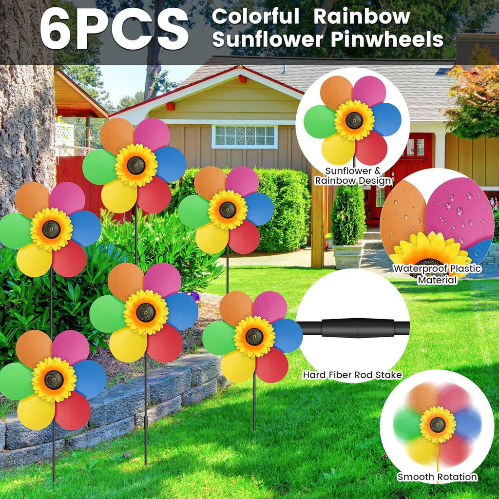 6PCS Sunflower Wind Spinners with Stakes 14" W x 29" H Wind Spinners Lawn Pinwheel Rainbow Windmill Outdoor Pinwheels for Yard Decoration（Rainbowcolors）