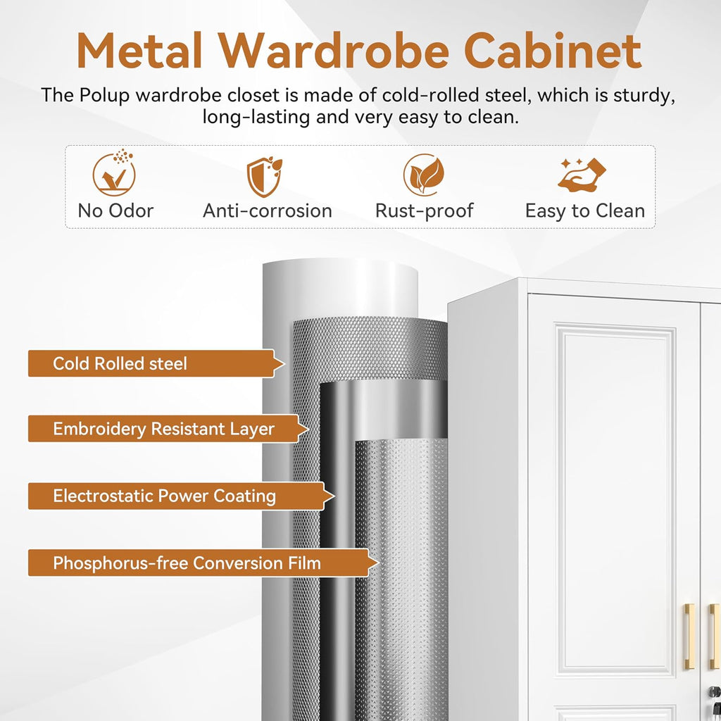 Polup 71" Tall Metal Armoire Wardrobe Closet with Doors and Lock | Wardrobe Cabinet, Hanging Rod, 3 Adjustable Shelves, Steel Clothing Storage Cabinet for Bedroom, Office, Employee, Gym, White