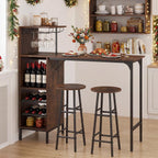 Giantex 3 Pieces Bar Table and Stools Set, Bistro Table Set with Glass Holder, 2 Tier Wine Rack & Storage Shelves, Kitchen Counter Table with 2 Stools for Home, Dining Room, Restaurant (Rustic Brown)