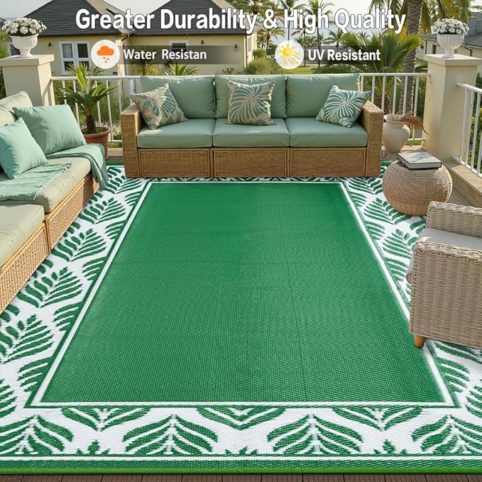 Outdoor Plastic Rug 6'x9' Waterproof Camping Carpet Outside Area Rug Reversible Green Rugs for RV Deck Entryance Porch Picnic Balcony Beach