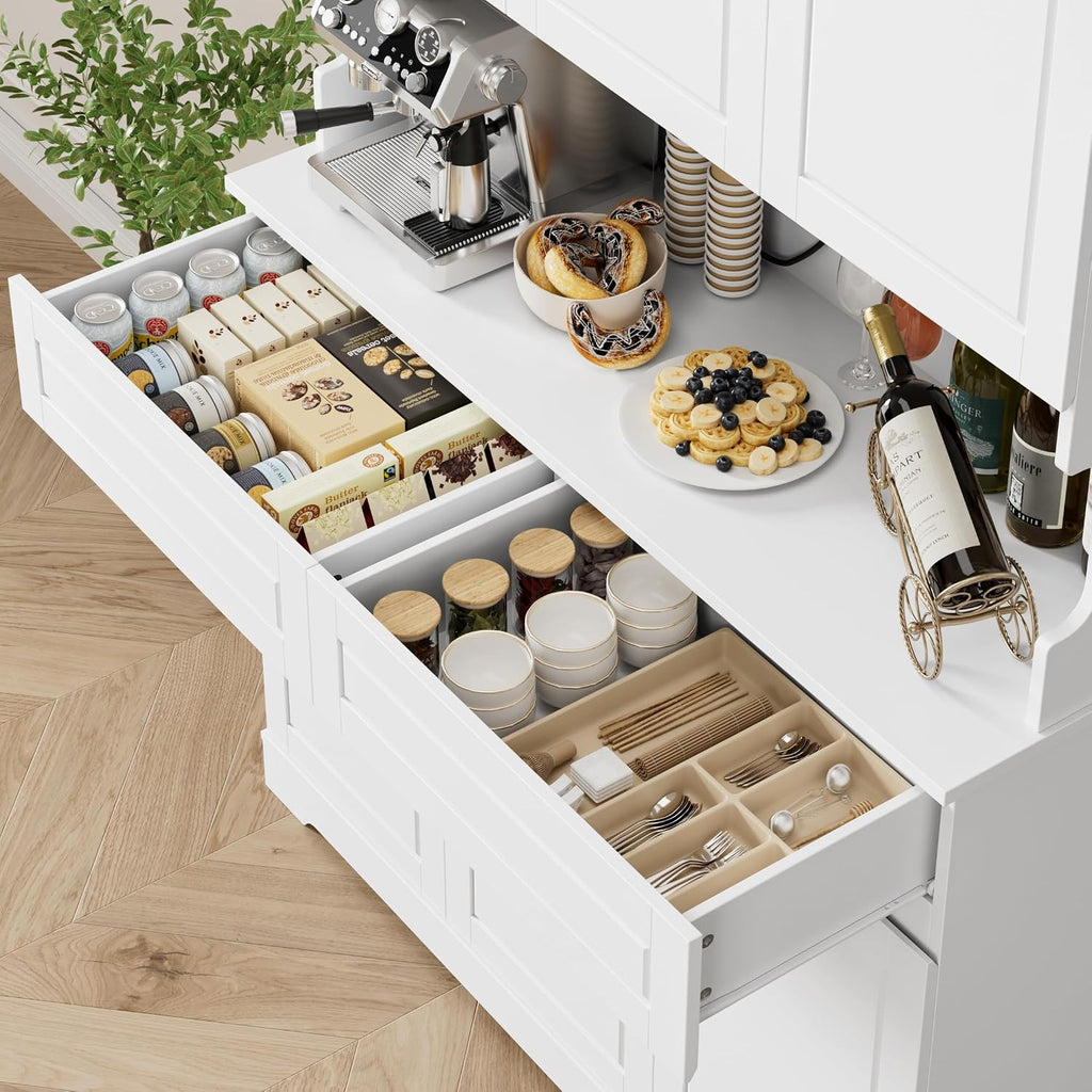 FACBOTALL 74" Pantry Cabinet, Tall Kitchen Pantry with 6 Doors & 2 Drawers | Kitchen Hutch with Wide Countertop, Modern Kitchens Cupboard with Adjustable Shelves and Charge Holes, White