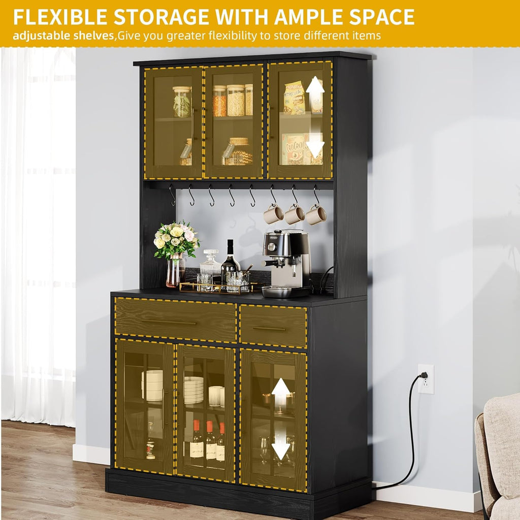 DWVO Kitchen Pantry Storage Cabinet with Microwave Stand, 71'' Tall Kitchen Hutch Cabinets with Power Outlet, Modern Food Pantry Hutch with Drawers ＆ Shelves for Home, Pack of 1, Black | 71" Tall Kitchen Hutch Cabinets with Power Outlet, Modern Food