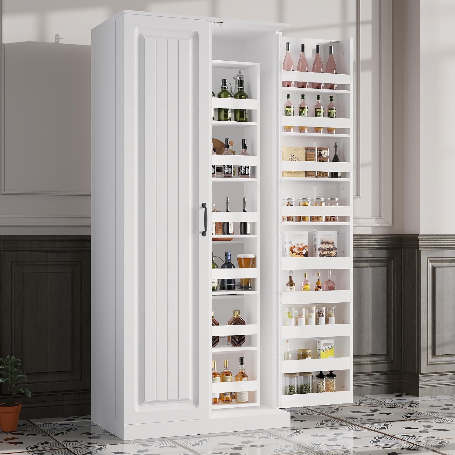 AIEGLE Kitchen Storage Cabinet with Doors & Rotatable Shelves, 72" Tall Food Pantry Cabinet with 9-Tier Shelves, Modern Multi-Layer Storage Cupboard for Dining Room, Craft Room, White