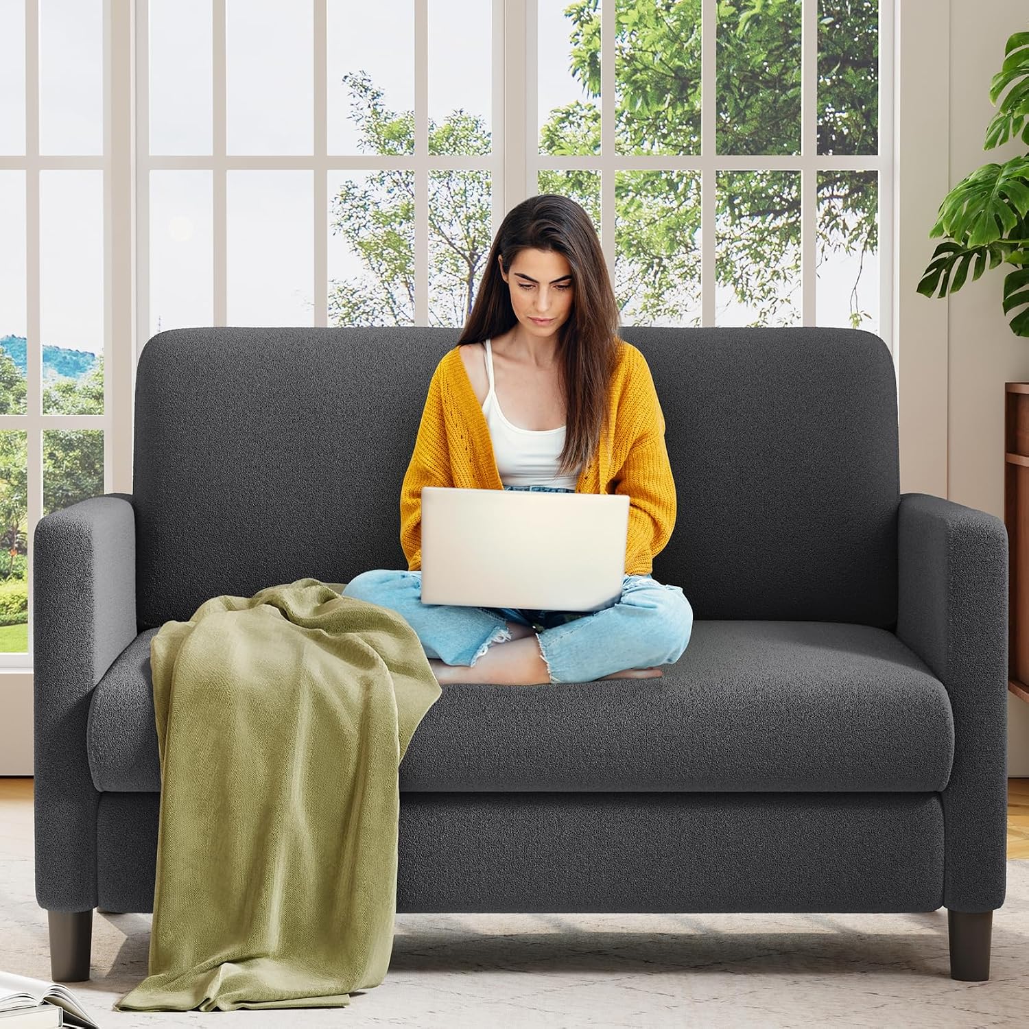 Welzona Loveseat, 51" Small Couch, Teddy Love Seat, Small Loveseat Sofa | Comfy Teddy Fabric, Tool-free Setup, Washable Covers, All-wood Small Sofa Couch for Living Room, Bedroom, Small Spaces, Grey