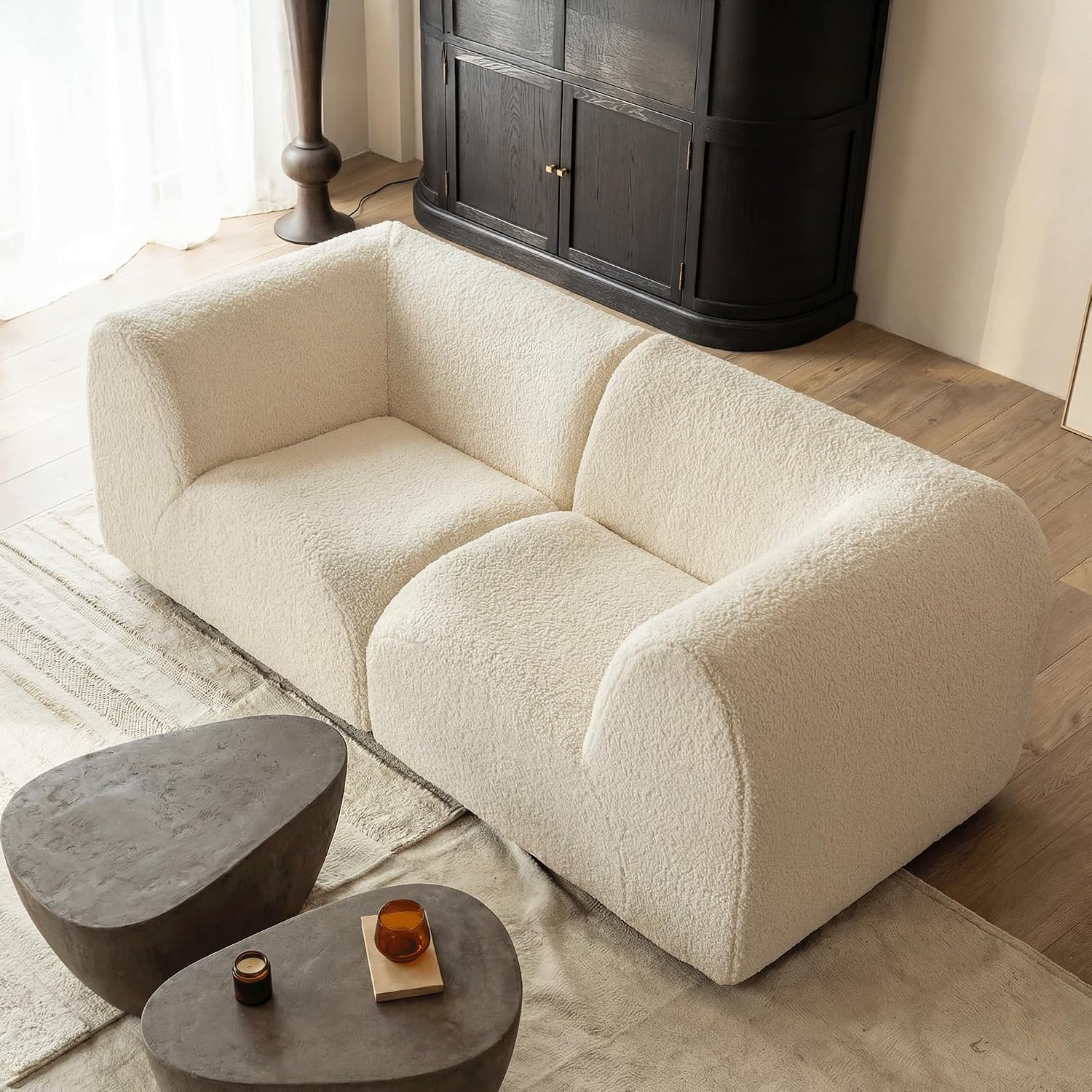 76" Loveseat Modular Sofa with High-Density Foam, 2-Piece Curved Sectional Couches, Sherpa Deep Seat Couch with Armrest, Cloud Soft Lounge Modern Sofas for Living Room – No Assembly, White