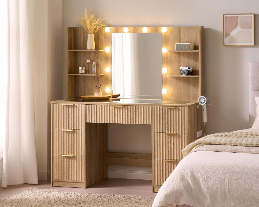 AMERLIFE 47.2" Fluted Vanity Desk with Mirror and Lights, Natural Oak | Large 7 Drawers Wood Makeup Vanity Table with Glass Top and Charging Station for Women and Girls, Bedroom or Dorm