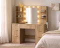 AMERLIFE 47.2" Fluted Vanity Desk with Mirror and Lights, Natural Oak | Large 7 Drawers Wood Makeup Vanity Table with Glass Top and Charging Station for Women and Girls, Bedroom or Dorm