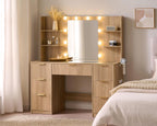 AMERLIFE 47.2" Fluted Vanity Desk with Mirror and Lights, Natural Oak | Large 7 Drawers Wood Makeup Vanity Table with Glass Top and Charging Station for Women and Girls, Bedroom or Dorm