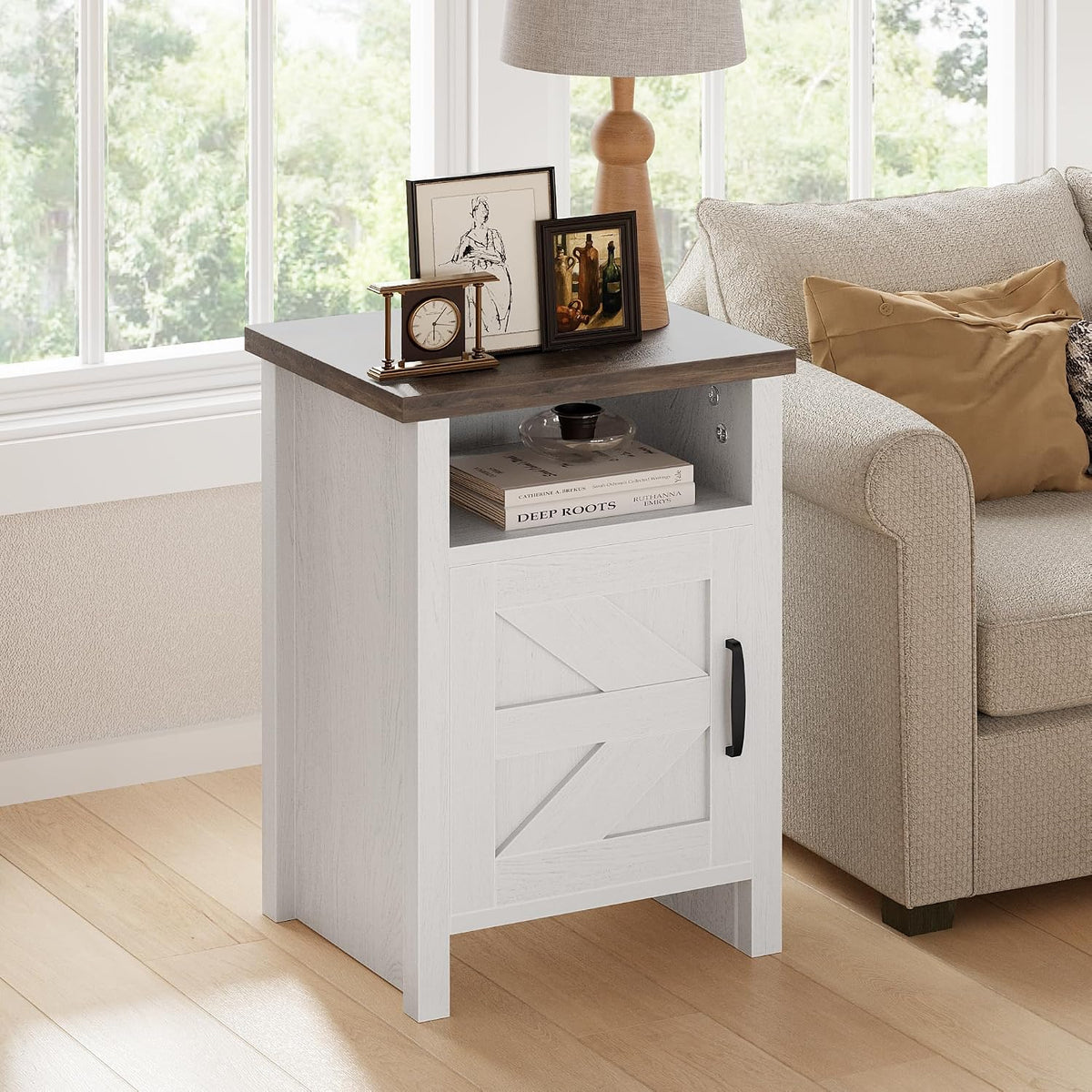 JUMMICO Farmhouse Nightstand, Modern Bedside Table with Barn Door and Shelf, Rustic End Table Side Table for Bedroom,Living Room(1, Rustic & White)