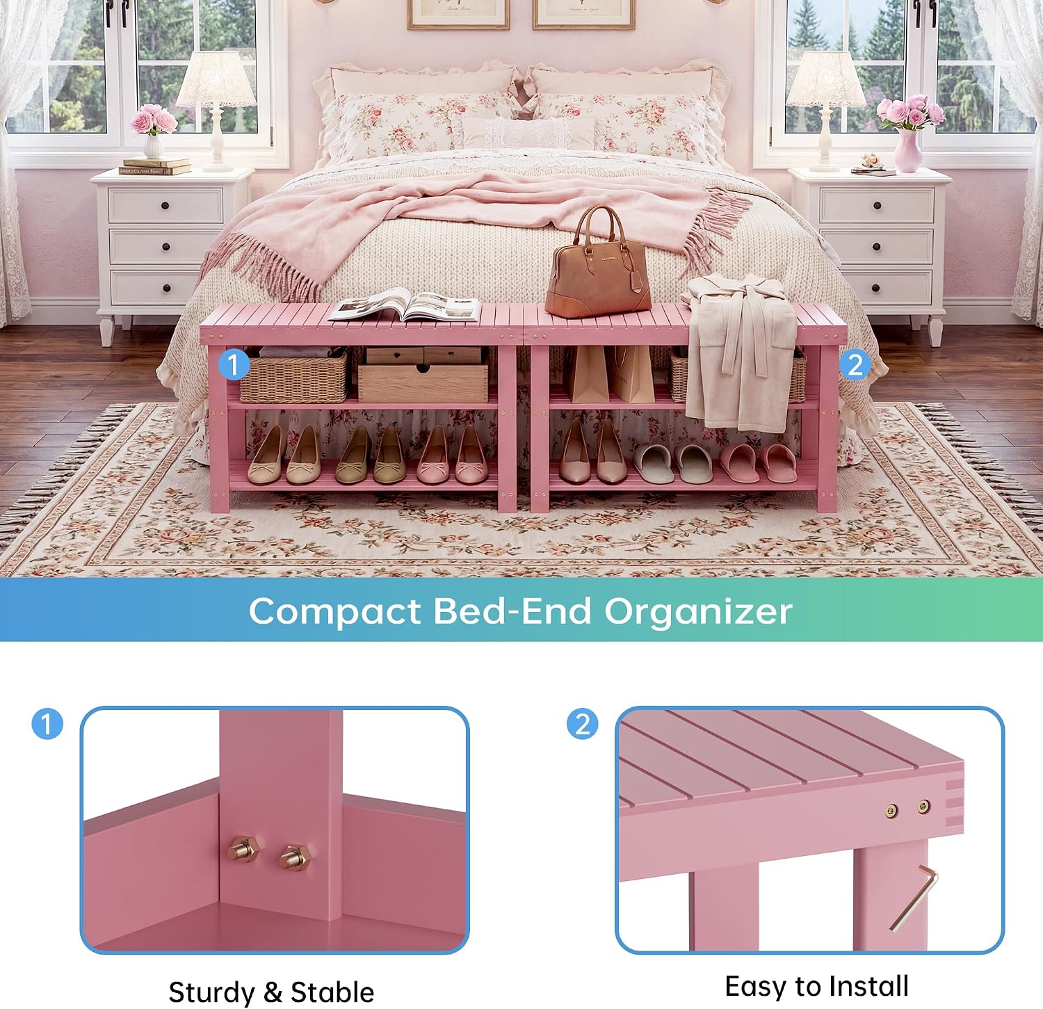SMIBUY Bamboo Shoe Rack Bench, 3-Tier Shoe Organizer Storage Shelf for Entryway Hallway Bathroom Living Room (Pink)