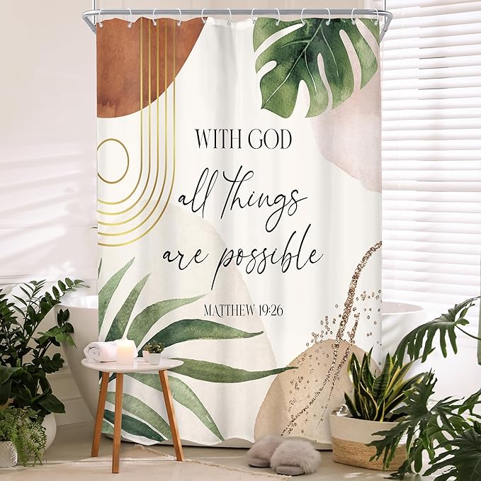 Glawry Boho Bible Verse Small Shower Curtain Stall RV Narrow Inspirational Scriptures Quotes Palm Leaf Abstract Bathroom Mid Century 48Wx72L Inches Bath Accessories Art Home Decor Fabric 8 Pack Hook