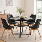 47in Round Dining Table Set for 4, Kitchen Table with Chairs | Circle Table, PU Leather Chair, Metal Cross Base, Storage Shelf, Breakfast Nook, Space-Saving, Apartment, Living Room, Black