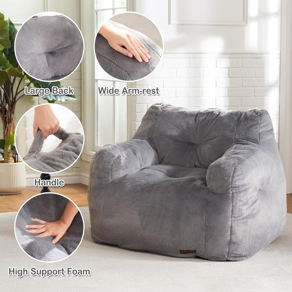 Hobestluk Furry Bean Bag Chair with Arms, Foam Filler for Adult, Grey | Soft Faux Fur Cover, High-Density Resilient Foam, Wide Backrest & Arm-rest, Carrying Handle, Fits Small Spaces, No Assembly