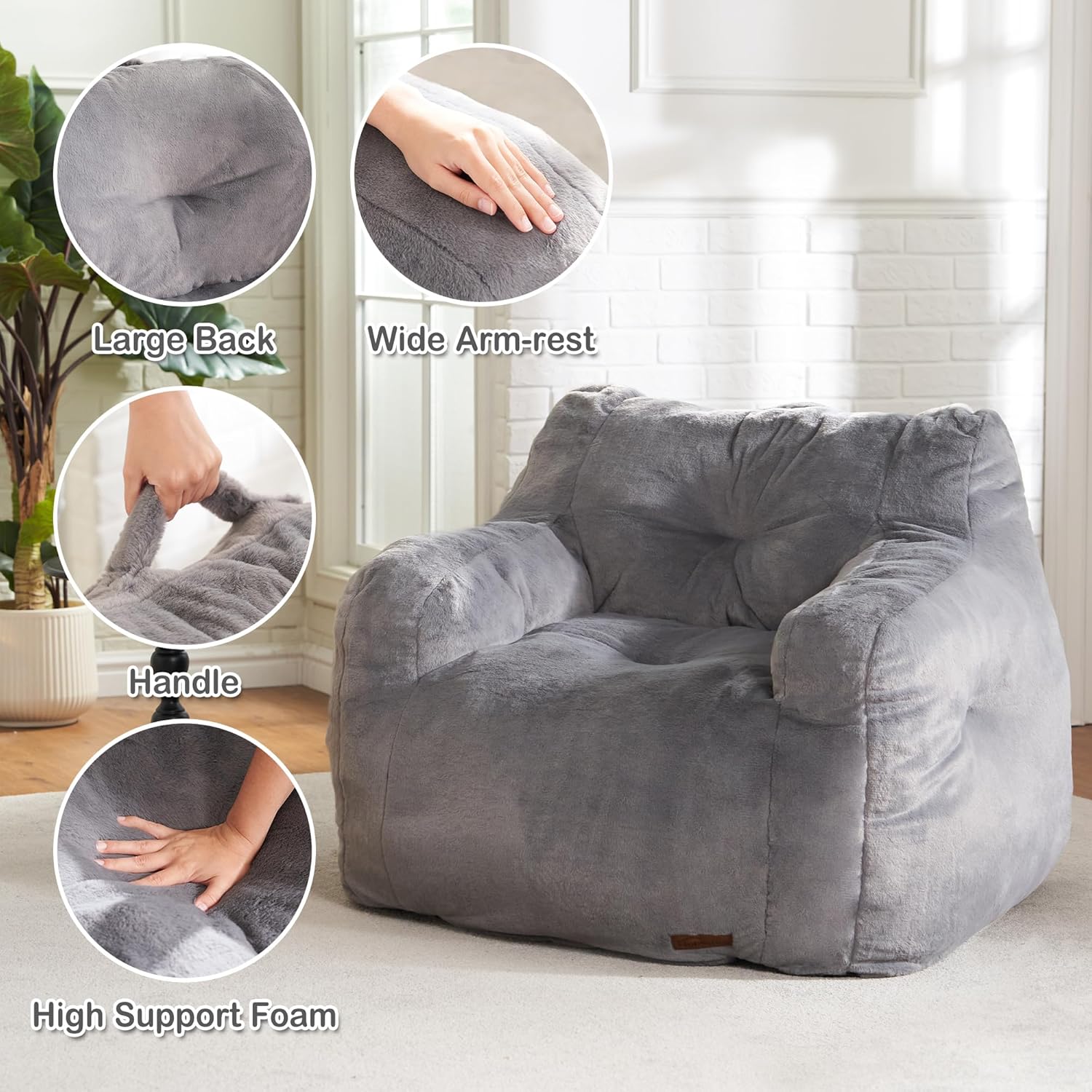 Hobestluk Furry Bean Bag Chair with Arms, Foam Filler for Adult, Grey | Soft Faux Fur Cover, High-Density Resilient Foam, Wide Backrest & Arm-rest, Carrying Handle, Fits Small Spaces, No Assembly