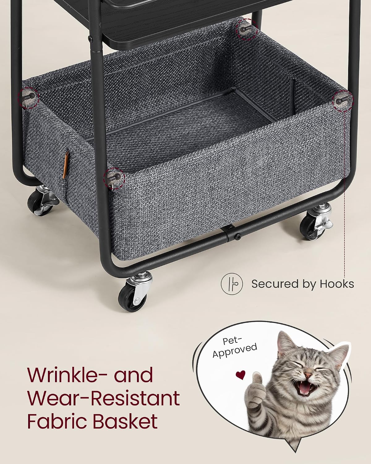 VASAGLE LILEA Collection - Storage Cart with Fabric Basket, 3-Tier Rolling Utility Cart with Wheels and Shelves, for Living Room Bedroom Kitchen, Ebony Black and Slate Gray ULRC001BE02