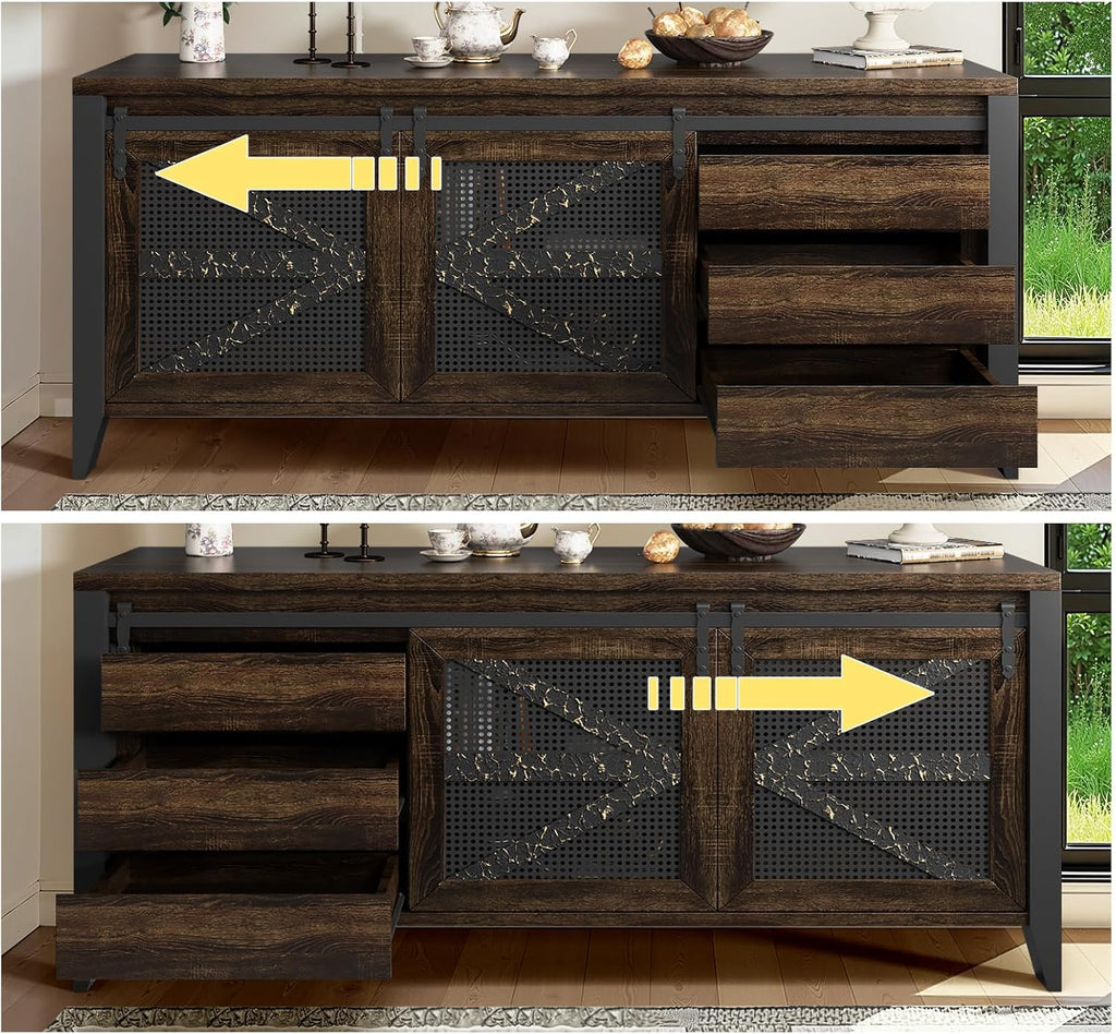 VFK 60 Inch TV Stand for TVs up to 65", Rustic Farmhouse Media Console with Sliding Barn Doors, 6 Drawers, Entertainment Center for Living Room