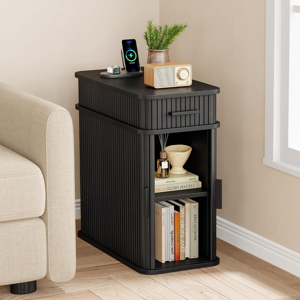 ONBRILL Fluted End Table, Narrow Side Table, 23.62" H, Black