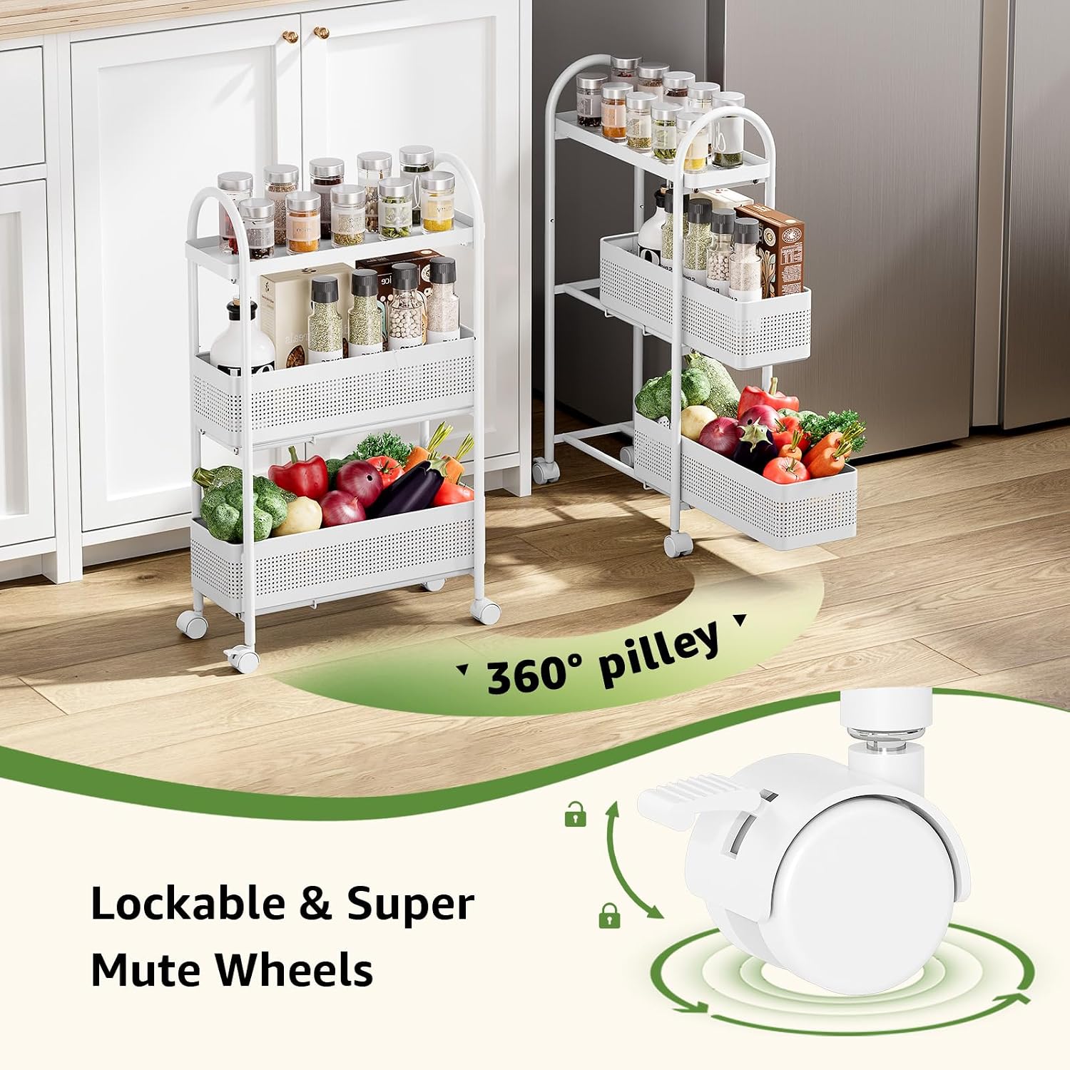 KINGRACK 3 Tier Slim Rolling Cart with Drawer, Metal Utility Storage Cart | 2 Pull-out Baskets, Lockable Wheels, Narrow Space Trolley Organizer for Bathroom, Kitchen, Office, Dorm, Laundry Room, White