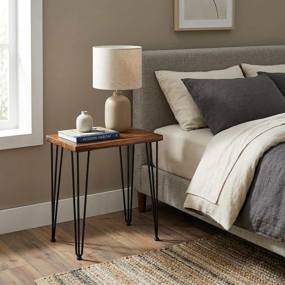 Walnut Solid Wood Side Table - 24 W 12 D Narrow End Table for Living Room, Hairpin Metal Legs, Water & Stain Resistant Finish