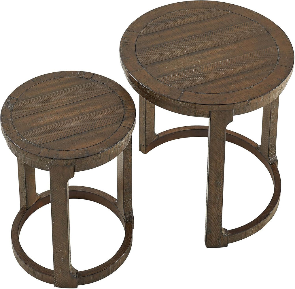 WILLIAMSPACE 24" Round Nesting Coffee Table Set of 2, Solid Wood Coffee Tables Mid Century Rustic Farmhouse Side End Tea Table for Living Room, Apartment (Drak Brown)