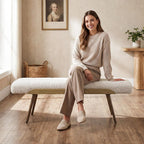 CIMOTA Mid-Century Modern Upholstered Bench, Upholstered Boucle Ottoman Bench with Solid Wood Trim and Bronze Metal Legs, 49.5" Accent Bench for Bedroom, Entryway, Living Room, End of Bed, Beige