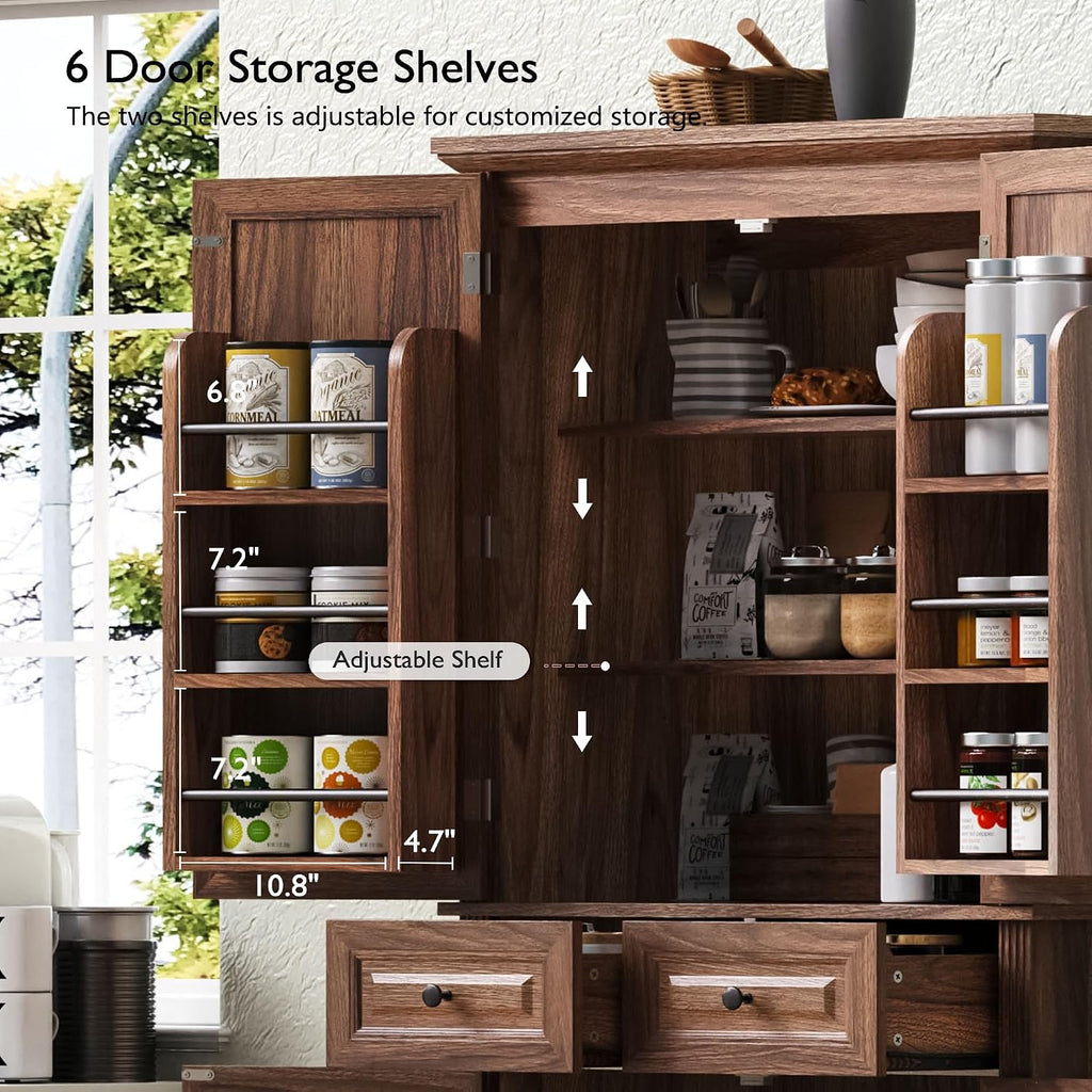 71" Tall Kitchen Pantry Cabinet, Freestanding Storage Cupboard with 3 Pull-Out Organizers, 6 Door Shelves & 2 Drawers, Embossed Texture Finish, for Kitchen Dining Room (Brown 4 doors 2 drawers +MDF)
