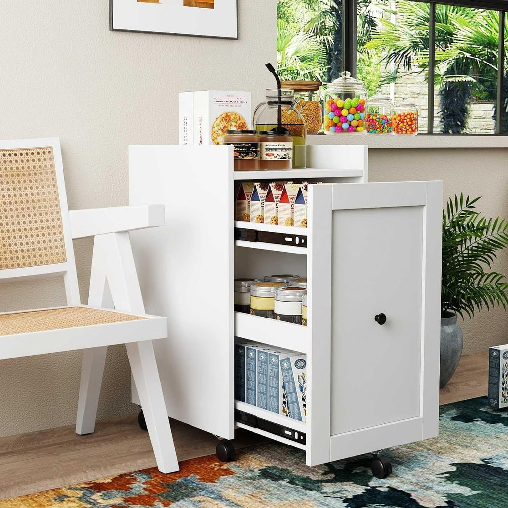 Sliding Pantry Organizer Cabinet with Wheels, 3 Tier Pull Out Snack Storage Rack for Kitchen, Bathroom, Laundry Room, White Mobile Food Organizer with Door & Shelves