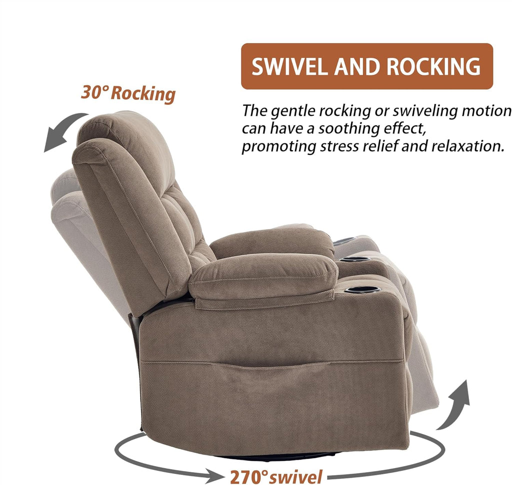 Ketaiyou Rocker Swivel Recliner Chair for Adults, Overstuffed Manual Recliner Glider with Massage and Heat, Comfy Soft Fabric Living Room Reclining Sofa Chair (Coffee2)
