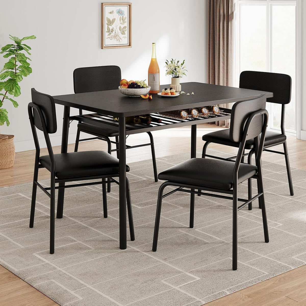 GarveeHome Dining Table Set for 4 with Storage Rack, Black | 5-Piece Kitchen Table and Upholstered Chairs, Wood Tabletop, Heavy-Duty Metel Frame, for Small Space, Apartment, Kitchen Room
