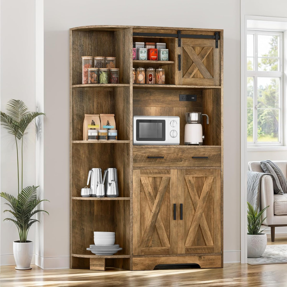 DWVO Kitchen Pantry Cabinet with Power Outlet, 67" Tall Farmhouse Pantry Storage Cabinet with Barn Doors, Drawer & Microwave Stand, Freestanding Hutch for Kitchen & Dining Room, Rustic Brown