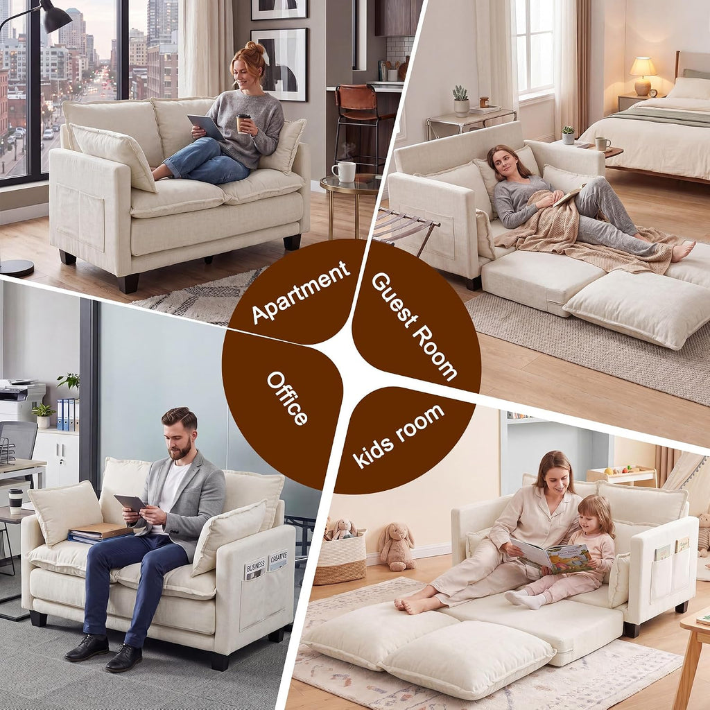 49" Loveseat Sofa Bed, 2 in 1 Convertible Sofa Bed Small Pull Out Couch Bed Chenille 2 Seat Sofa 85" Sleeper Futon Mattress for Small Spaces Living Room Bedroom Apartment Office 8836-BEIGE