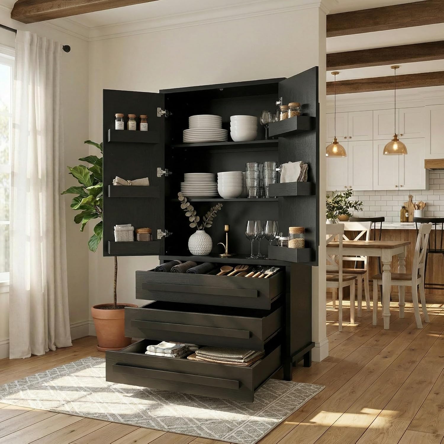 Christopher Knight Home Chenny 70''H Wooden Kitchen Pantry Cabinet, Storage Cabinet with Adjustable Shelves, 6 Door Internal Storage Compartments & 3 Drawers, Freestanding Cupboard Cabinet, Black